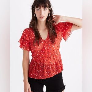 NWT Madewell Tiered-Sleeve Peplum Top in Metallic Prairie Posies Red 2